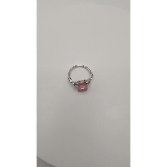 Silver Ring with Rectangular Pink Gemstone and Accent Stones Size 7 - Picture 4 of 9
